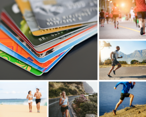 Photo collage of credit cards and people running in different locations