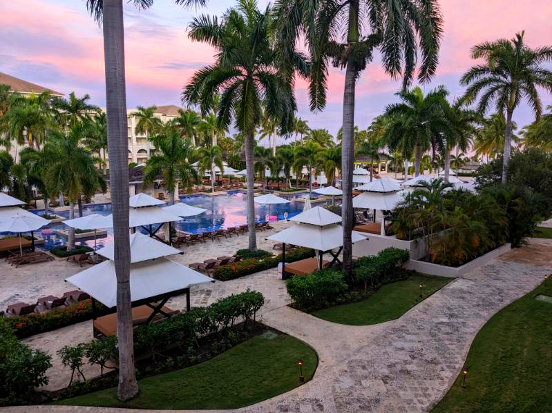 Sunset over resort from balcony